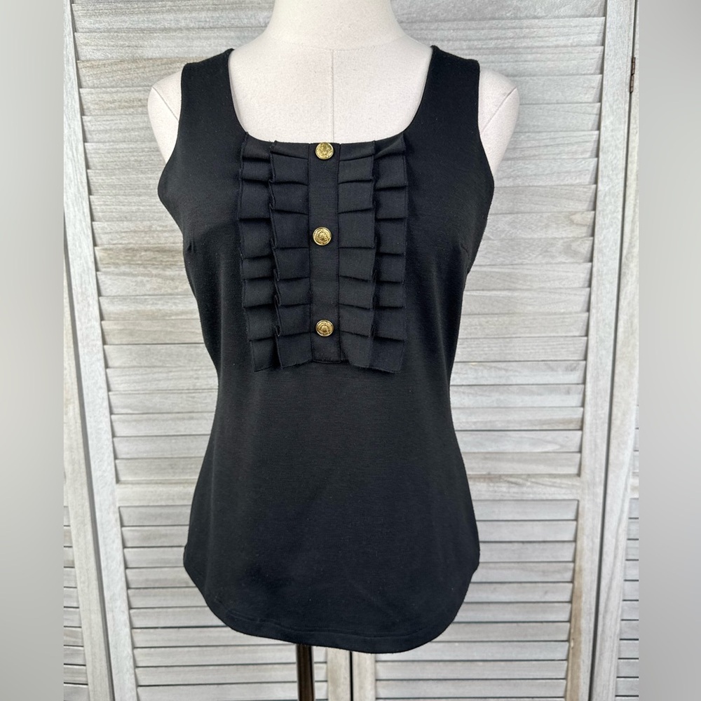 VERTIGO PARIS Women's Black Ruffle Front Tank Top with Gold Buttons-XS